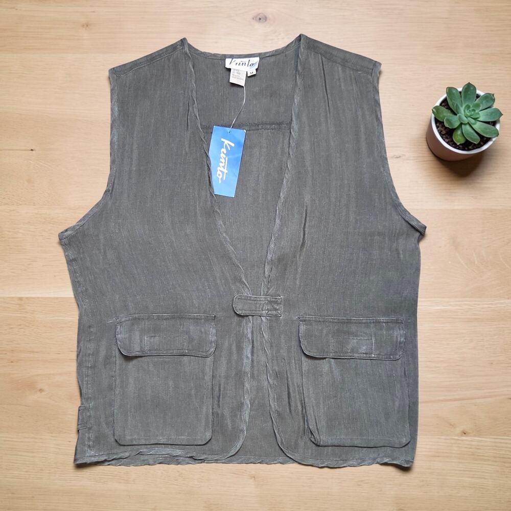 New Vintage KUNTO 100% Silk Green Cargo Distressed Vest M